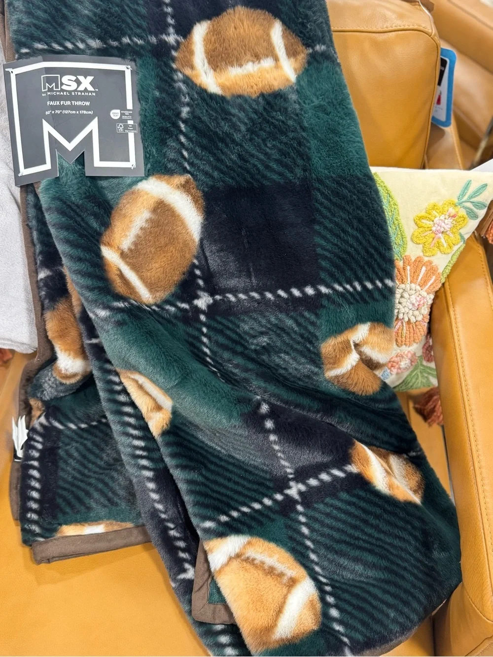 Green Plaid Faux Fur Throw with Football Motif